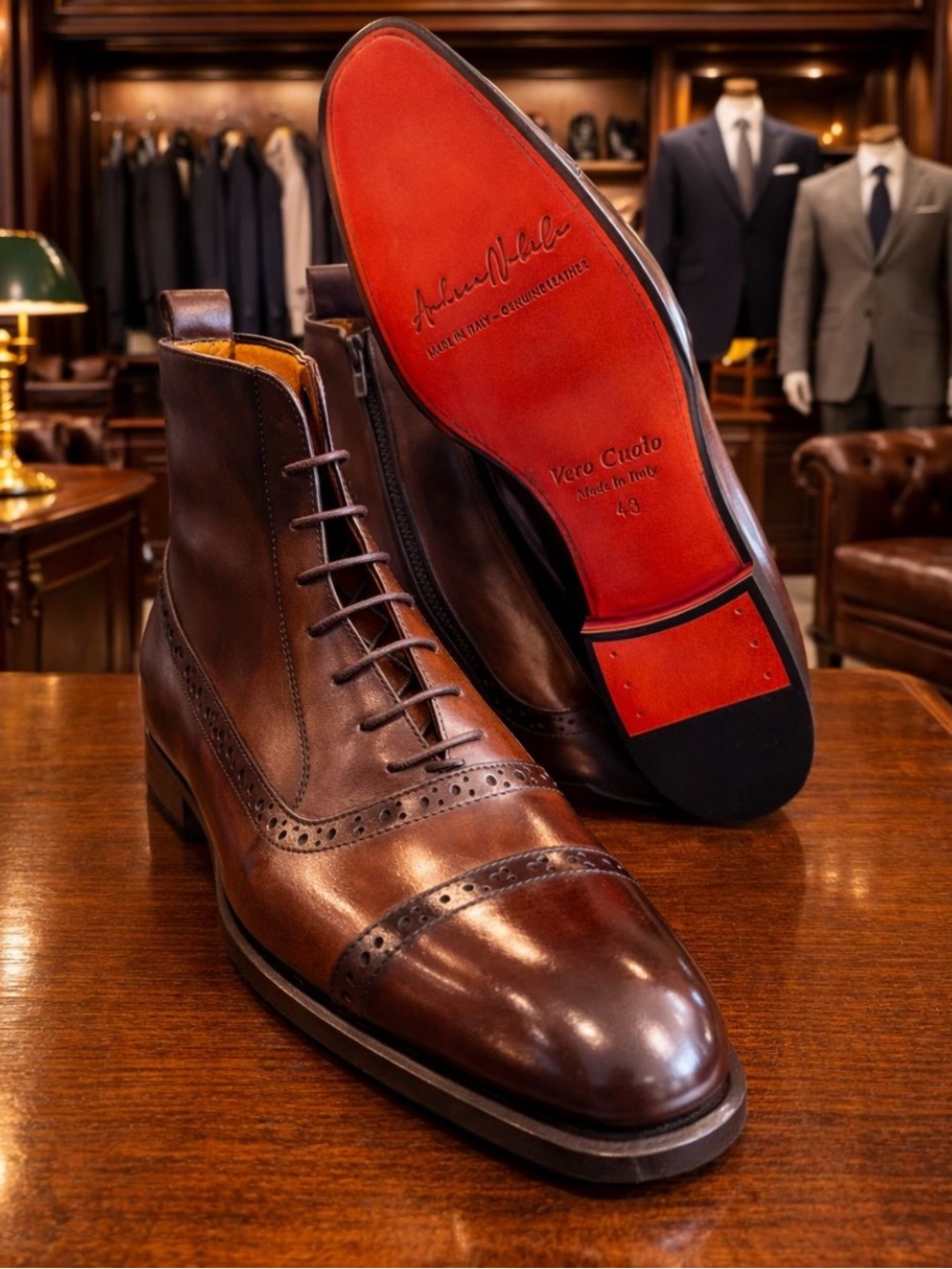 Men's Brown Leather Dress Boots with Side Zip and red bottom